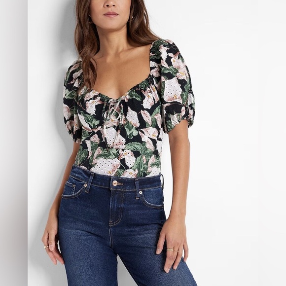 Express Floral Eyelet Puff Sleeve Tie Front Bodysuit - Picture 1 of 6